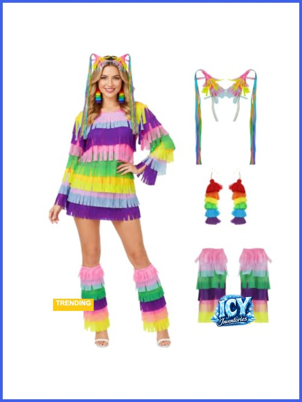 Pinata Costume Dress with Horn Headband, Leg Sleeves, Earrings | Adult